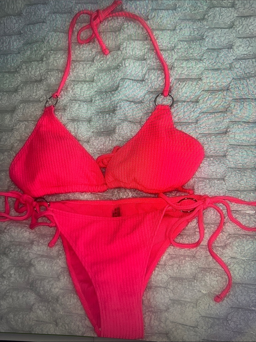 Hot Pink Ribbed String Bikini Set
